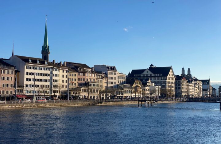 Zurich old town and church towers along the Limmat river